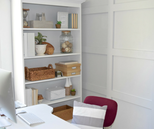 A Brick Home: how to style an office bookcase, office bookcase decor, office decor ideas, bookshelf decorating