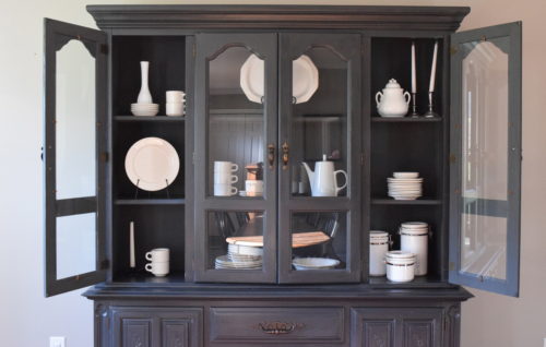 A Brick Home: Chalk Paint Hutch Makeover in Charcoal, Chalk Paint hutch ideas grey, dining room hutch makeover, furniture makeover, chalk paint furniture
