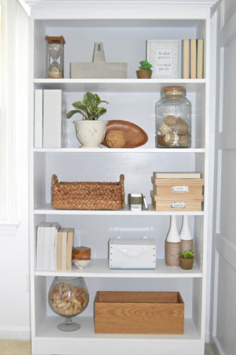 A Brick Home: how to style an office bookcase, office bookcase decor, office decor ideas, bookshelf decorating