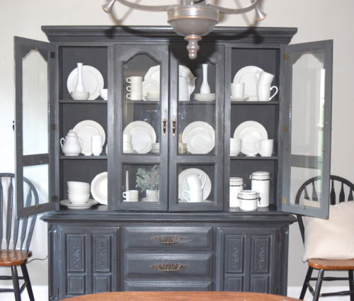 A Brick Home: Chalk Paint Hutch Makeover in Charcoal, Chalk Paint hutch ideas grey, dining room hutch makeover, furniture makeover, chalk paint furniture