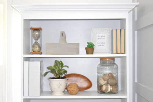 A Brick Home: how to style an office bookcase, office bookcase decor, office decor ideas, bookshelf decorating