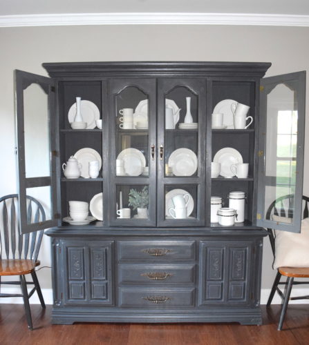 A Brick Home: Chalk Paint Hutch Makeover in Charcoal, Chalk Paint hutch ideas grey, dining room hutch makeover, furniture makeover, chalk paint furniture