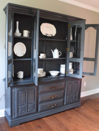 A Brick Home: Chalk Paint Hutch Makeover in Charcoal, Chalk Paint hutch ideas grey, dining room hutch makeover, furniture makeover, chalk paint furniture