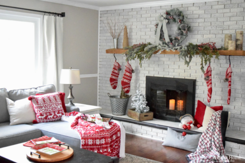 A Brick Home: Christmas Mantel, Christmas mantel decorations, Christmas mantel ideas, classic Christmas mantel, DIY Christmas mantel, Christmas mantel decor, red and white Christmas, Christmas decorating ideas