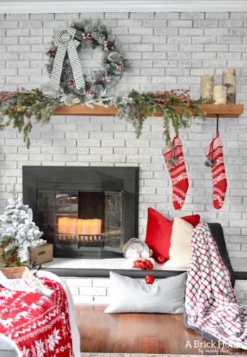 A Brick Home: Christmas Mantel, Christmas mantel decorations, Christmas mantel ideas, classic Christmas mantel, DIY Christmas mantel, Christmas mantel decor, red and white Christmas, Christmas decorating ideas