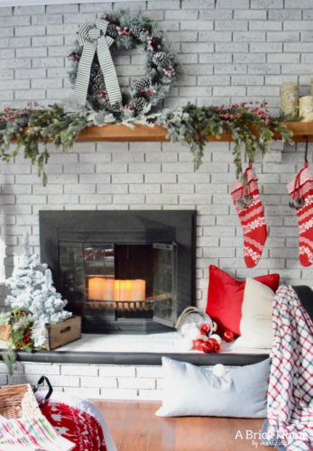 A Brick Home: Christmas Mantel, Christmas mantel decorations, Christmas mantel ideas, classic Christmas mantel, DIY Christmas mantel, Christmas mantel decor, red and white Christmas, Christmas decorating ideas
