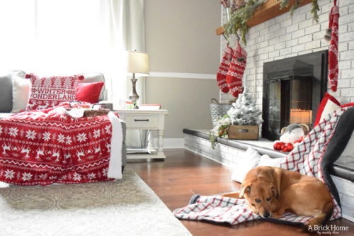A Brick Home: Christmas Mantel, Christmas mantel decorations, Christmas mantel ideas, classic Christmas mantel, DIY Christmas mantel, Christmas mantel decor, red and white Christmas, Christmas decorating ideas