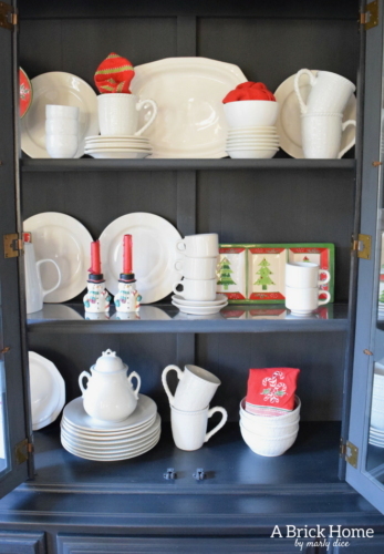 A Brick Home: Christmas hutch display, christmas hutch decor, christmas hutch decorating ideas, Christmas china cabinet, Christmas china cabinet decor, Christmas hutch ideas