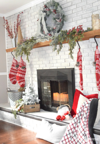 A Brick Home: Christmas Mantel, Christmas mantel decorations, Christmas mantel ideas, classic Christmas mantel, DIY Christmas mantel, Christmas mantel decor, red and white Christmas, Christmas decorating ideas