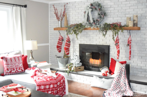 A Brick Home: Christmas Mantel, Christmas mantel decorations, Christmas mantel ideas, classic Christmas mantel, DIY Christmas mantel, Christmas mantel decor, red and white Christmas, Christmas decorating ideas