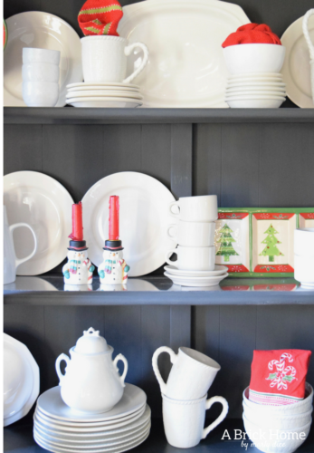 A Brick Home: Christmas hutch display, christmas hutch decor, christmas hutch decorating ideas, Christmas china cabinet, Christmas china cabinet decor, Christmas hutch ideas