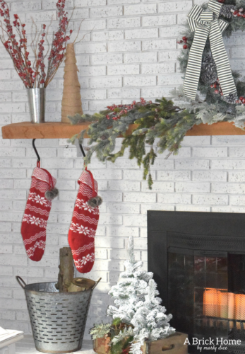 A Brick Home: Christmas Mantel, Christmas mantel decorations, Christmas mantel ideas, classic Christmas mantel, DIY Christmas mantel, Christmas mantel decor, red and white Christmas, Christmas decorating ideas
