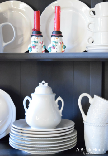 A Brick Home: Christmas hutch display, christmas hutch decor, christmas hutch decorating ideas, Christmas china cabinet, Christmas china cabinet decor, Christmas hutch ideas