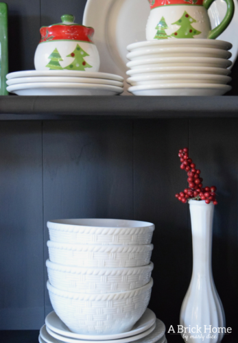 A Brick Home: Christmas hutch display, christmas hutch decor, christmas hutch decorating ideas, Christmas china cabinet, Christmas china cabinet decor, Christmas hutch ideas