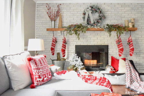 A Brick Home: Christmas Mantel, Christmas mantel decorations, Christmas mantel ideas, classic Christmas mantel, DIY Christmas mantel, Christmas mantel decor, red and white Christmas, Christmas decorating ideas