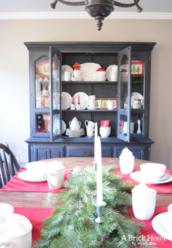 A Brick Home: Christmas hutch display, christmas hutch decor, christmas hutch decorating ideas, Christmas china cabinet, Christmas china cabinet decor, Christmas hutch ideas