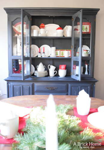 A Brick Home: Christmas hutch display, christmas hutch decor, christmas hutch decorating ideas, Christmas china cabinet, Christmas china cabinet decor, Christmas hutch ideas