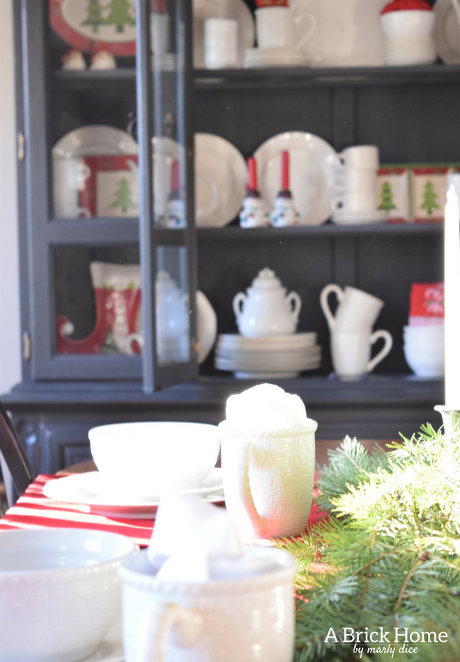 A Brick Home: Christmas hutch display, christmas hutch decor, christmas hutch decorating ideas, Christmas china cabinet, Christmas china cabinet decor, Christmas hutch ideas