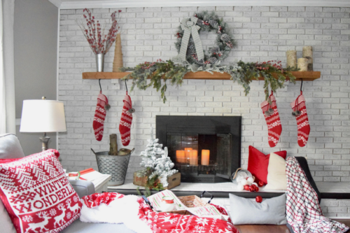 A Brick Home: Christmas Mantel, Christmas mantel decorations, Christmas mantel ideas, classic Christmas mantel, DIY Christmas mantel, Christmas mantel decor, red and white Christmas, Christmas decorating ideas