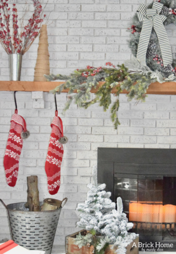 A Brick Home: Christmas Mantel, Christmas mantel decorations, Christmas mantel ideas, classic Christmas mantel, DIY Christmas mantel, Christmas mantel decor, red and white Christmas, Christmas decorating ideas