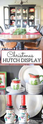 A Brick Home: Christmas hutch display, christmas hutch decor, christmas hutch decorating ideas, Christmas china cabinet, Christmas china cabinet decor, Christmas hutch ideas