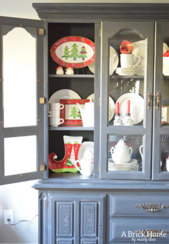 A Brick Home: Christmas hutch display, christmas hutch decor, christmas hutch decorating ideas, Christmas china cabinet, Christmas china cabinet decor, Christmas hutch ideas