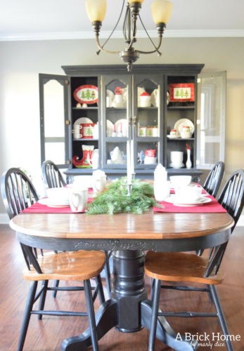 A Brick Home: Christmas hutch display, christmas hutch decor, christmas hutch decorating ideas, Christmas china cabinet, Christmas china cabinet decor, Christmas hutch ideas