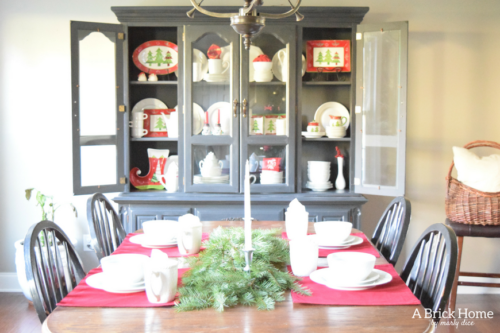 A Brick Home: Christmas hutch display, christmas hutch decor, christmas hutch decorating ideas, Christmas china cabinet, Christmas china cabinet decor, Christmas hutch ideas