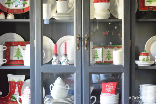 A Brick Home: Christmas hutch display, christmas hutch decor, christmas hutch decorating ideas, Christmas china cabinet, Christmas china cabinet decor, Christmas hutch ideas