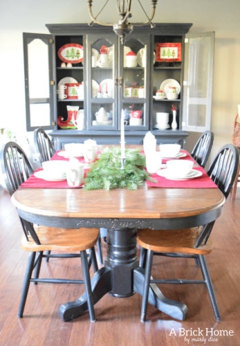 A Brick Home: Christmas hutch display, christmas hutch decor, christmas hutch decorating ideas, Christmas china cabinet, Christmas china cabinet decor, Christmas hutch ideas