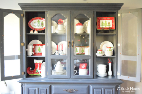 A Brick Home: Christmas hutch display, christmas hutch decor, christmas hutch decorating ideas, Christmas china cabinet, Christmas china cabinet decor, Christmas hutch ideas