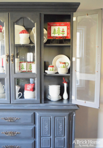 A Brick Home: Christmas hutch display, christmas hutch decor, christmas hutch decorating ideas, Christmas china cabinet, Christmas china cabinet decor, Christmas hutch ideas