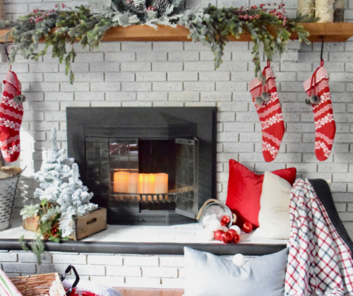 A Brick Home: Christmas Mantel, Christmas mantel decorations, Christmas mantel ideas, classic Christmas mantel, DIY Christmas mantel, Christmas mantel decor, red and white Christmas, Christmas decorating ideas