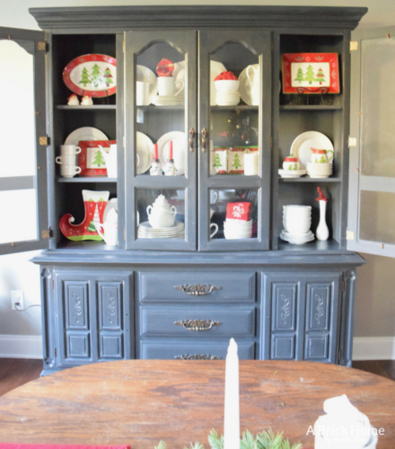 A Brick Home: Christmas hutch display, christmas hutch decor, christmas hutch decorating ideas, Christmas china cabinet, Christmas china cabinet decor, Christmas hutch ideas