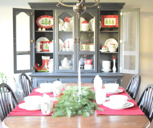 A Brick Home: Christmas hutch display, christmas hutch decor, christmas hutch decorating ideas, Christmas china cabinet, Christmas china cabinet decor, Christmas hutch ideas