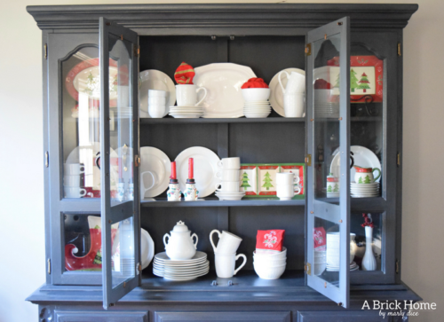 A Brick Home: Christmas hutch display, christmas hutch decor, christmas hutch decorating ideas, Christmas china cabinet, Christmas china cabinet decor, Christmas hutch ideas