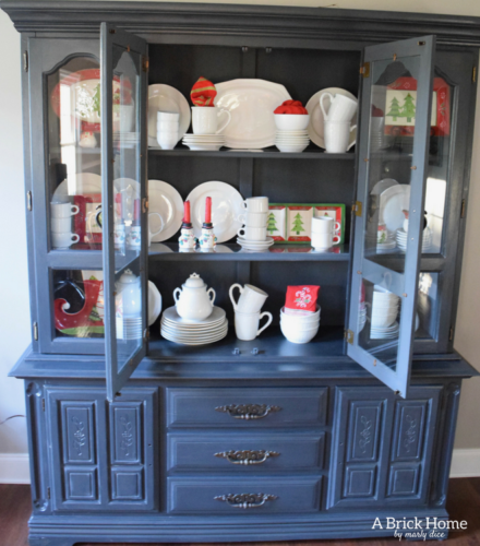 A Brick Home: Christmas hutch display, christmas hutch decor, christmas hutch decorating ideas, Christmas china cabinet, Christmas china cabinet decor, Christmas hutch ideas