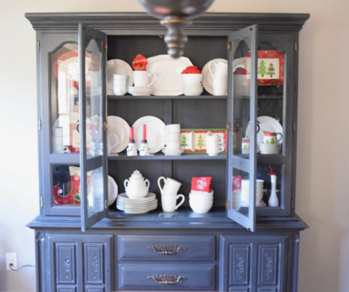 A Brick Home: Christmas hutch display, christmas hutch decor, christmas hutch decorating ideas, Christmas china cabinet, Christmas china cabinet decor, Christmas hutch ideas