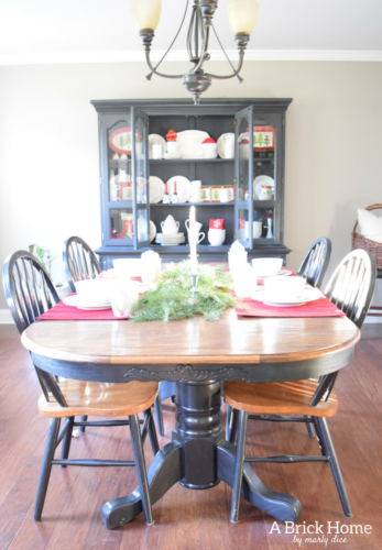 A Brick Home: Christmas hutch display, christmas hutch decor, christmas hutch decorating ideas, Christmas china cabinet, Christmas china cabinet decor, Christmas hutch ideas