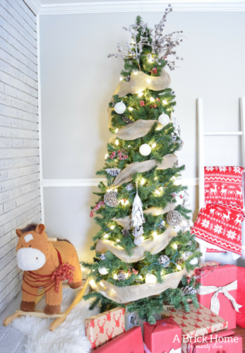 A Brick Home: Burlap Christmas Tree, christmas tree ideas, christmas tree decorations, burlap christmas tree decorations, burlap christmas tree ideas