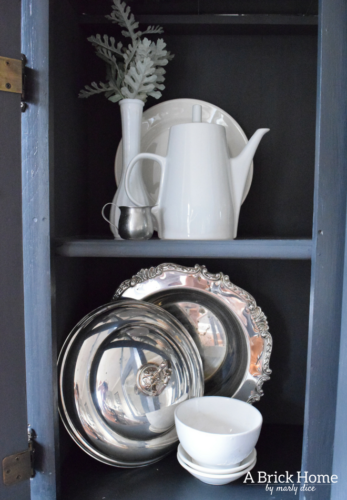 A Brick Home: Winter hutch decor, winter hutch decor dining rooms, winter hutch decor white dishes, winter decor after Christmas, rustic winter decor