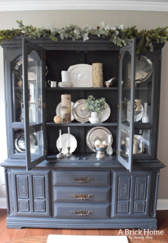 A Brick Home: Winter hutch decor, winter hutch decor dining rooms, winter hutch decor white dishes, winter decor after Christmas, rustic winter decor