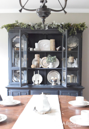 A Brick Home: Winter hutch decor, winter hutch decor dining rooms, winter hutch decor white dishes, winter decor after Christmas, rustic winter decor
