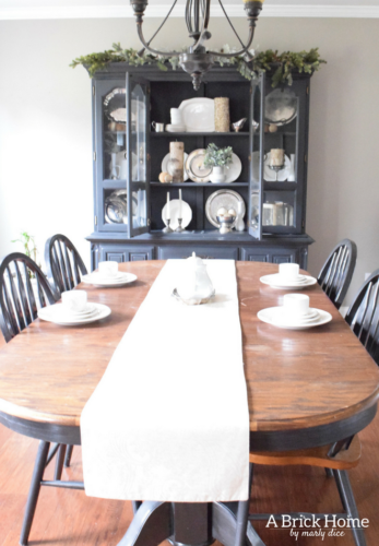 A Brick Home: Winter hutch decor, winter hutch decor dining rooms, winter hutch decor white dishes, winter decor after Christmas, rustic winter decor