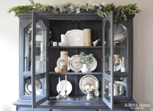 A Brick Home: Winter hutch decor, winter hutch decor dining rooms, winter hutch decor white dishes, winter decor after Christmas, rustic winter decor