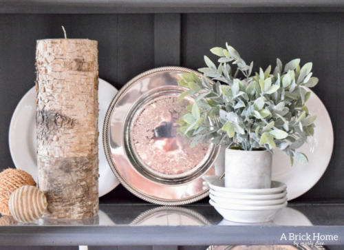 A Brick Home: Winter hutch decor, winter hutch decor dining rooms, winter hutch decor white dishes, winter decor after Christmas, rustic winter decor