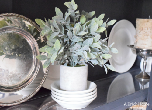 A Brick Home: Winter hutch decor, winter hutch decor dining rooms, winter hutch decor white dishes, winter decor after Christmas, rustic winter decor