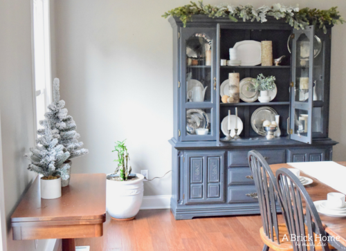 A Brick Home: Winter hutch decor, winter hutch decor dining rooms, winter hutch decor white dishes, winter decor after Christmas, rustic winter decor