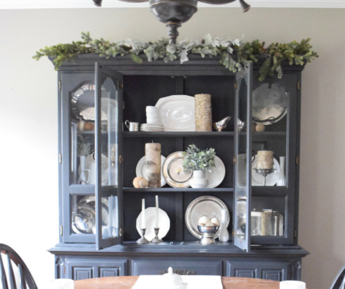 A Brick Home: Winter hutch decor, winter hutch decor dining rooms, winter hutch decor white dishes, winter decor after Christmas, rustic winter decor