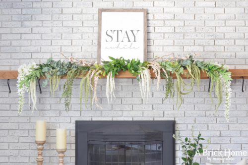 A Brick Home - spring mantel, floral spring mantel, spring mantel garland, spring mantel branches, spring mantel decorating ideas